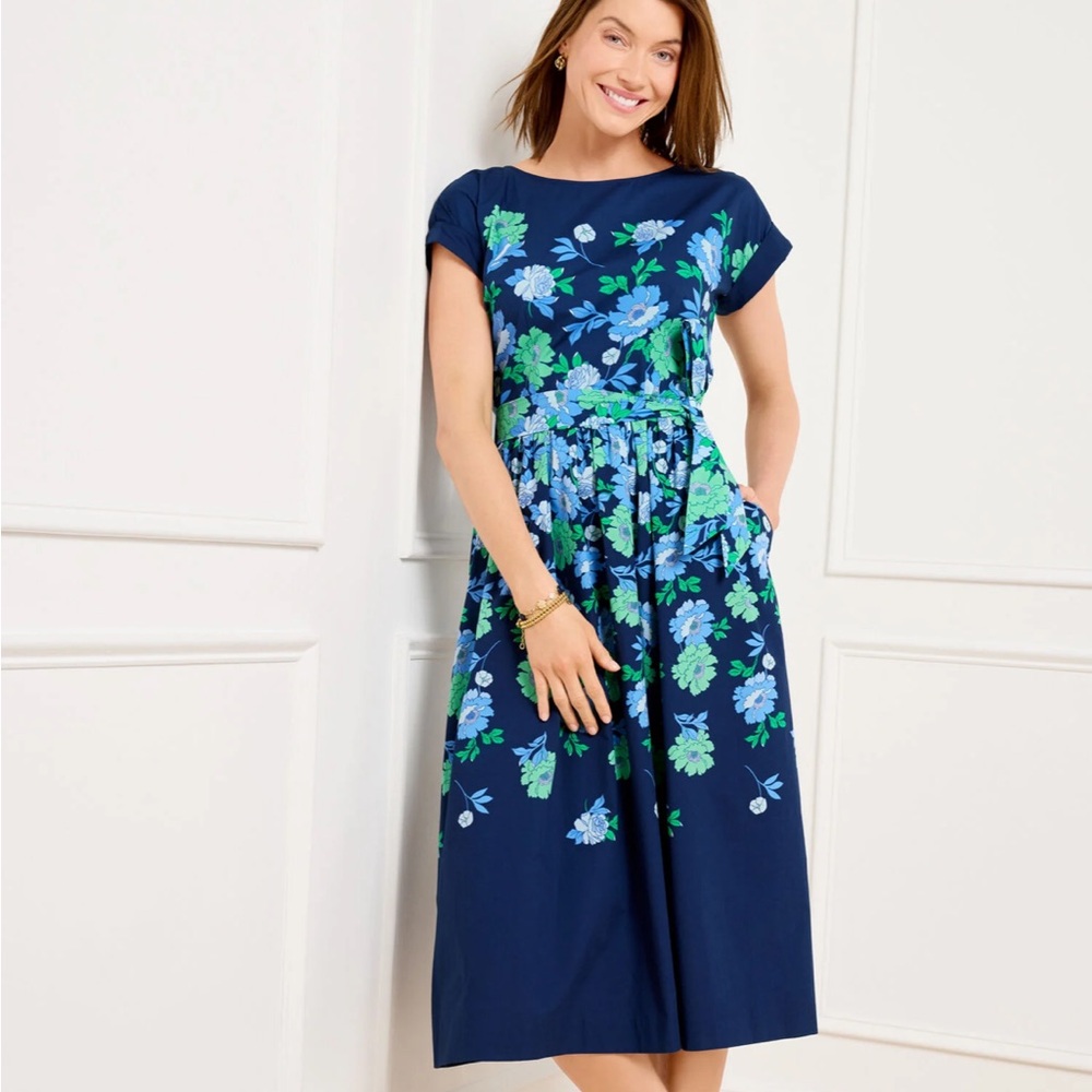 NWT Talbots Modern Poplin Dress Bold Floral Blue Size 22 W